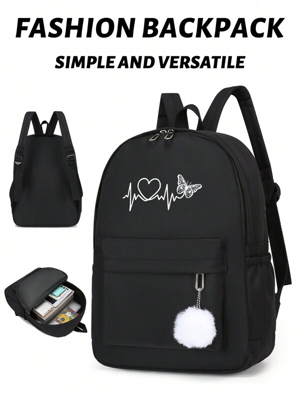 1 pieza Mochila casual de gran capacidad y multifuncional con patrón sencillo y elegante de corazón, estrella y mariposa, adecuada para adolescentes, mujeres y estudiantes universitarios, perfecta para volver al colegio, la universidad, la escuela secundaria, el trabajo, los negocios, los desplazamientos, al aire libre, los viajes y las salidas