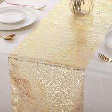 1pc Rectangular Table Runner, 275*28CM, Gold Sequin Shiny Aluminum Foil Mesh Table Runner, Gold Foil Table Center Decor, Suitable For Events, Parties, Birthdays, Weddings, Christmas, New Year, Decorative Tablecloth, Room Decor, Dining Table Decor, Home Decor, Fit For Holidays, Parties, Birthdays, Weddings And Banquets - Gold - View 7