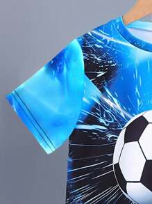 Young Boy 2pcs/Set Sportswear Inspired By Football - Breathable 3D T-Shirt And Shorts Creatively Printed, Suitable For Summer Games - Blue - View 5