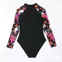 Traje de baño deportivo de una pieza con cremallera frontal, manga larga, cuello redondo, paneles y corte entallado para mujer con estampado botánico, adecuado para verano, playa, vacaciones, viajes, festivales, piscina, surf - Negro - Ver 6