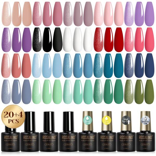 24pcs Gel Nail Polish Set With Base Coat Gel Polish Glitter Top Matt Top Coat Nail Gel Polish For Semi Permanent Nail Art Design