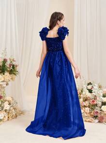 少女优雅露肩美人鱼晚礼服，带有荷叶边细节和飘逸的欧根纱透明面板，适合毕业舞会的正式礼服 - 寶藍色 - 查看 3