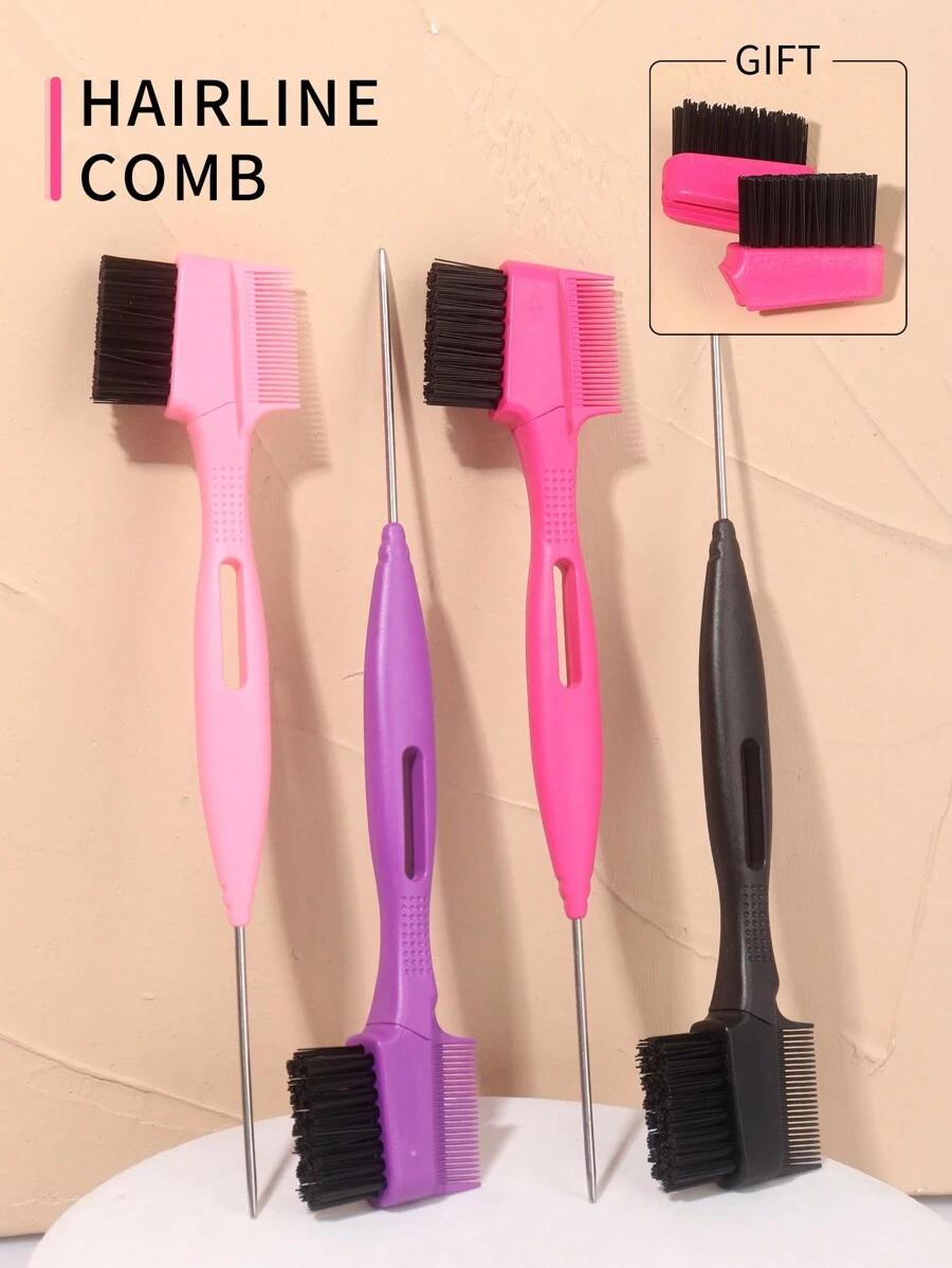 Dual‑End Edge Control Brush & Rat Tail Comb With Free Replacement Brush Heads, Hair Styling Tool For Braids & Baby Hair - Multicolor - View 1