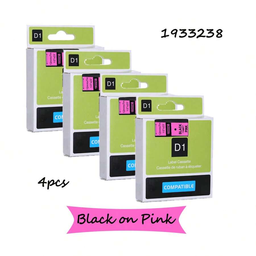 4pcs 1933238 Label Tape Black On Pink For Dymo D1 1933238 12mm Label