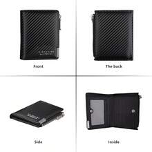 1pc Men's Carbon Fiber Pattern PU Leather Fashion Wallet, Multifunctional Zipper Versatile Multi-Card Slot Card Holder - Black - View 4