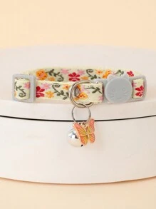 1pc Embroidered Butterfly Pattern Pet Collar Pendant With Bell Decoration And Adjustable Cat Face Buckle, Suitable For Small Dogs And Cats