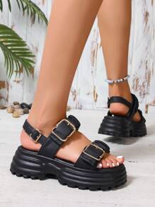 Women's Pleated Design Thick Soled Sandals, Casual Buckle Strap Summer Sandals, Comfortable Chunky Heel Sandals, Wedge Platform Ladies Sandals, Versatile Casual Women Sandals, Beach Holiday Shoes, Flat Sandals, Summer Women Shoes