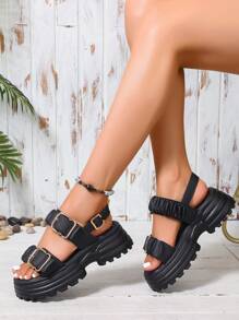 Women's Pleated Design Thick Soled Sandals, Casual Buckle Strap Summer Sandals, Comfortable Chunky Heel Sandals, Wedge Platform Ladies Sandals, Versatile Casual Women Sandals, Beach Holiday Shoes, Flat Sandals, Summer Women Shoes