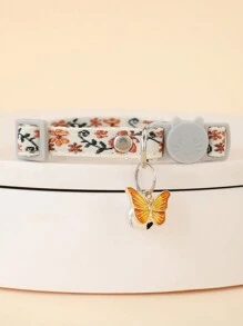1pc Embroidered Butterfly Pattern Pet Collar Pendant With Bell Decoration And Adjustable Cat Face Buckle, Suitable For Small Dogs And Cats