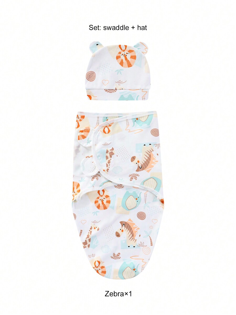1 Set Newborn Swaddle Set Including Hat And Swaddle Blanket, Unisex
