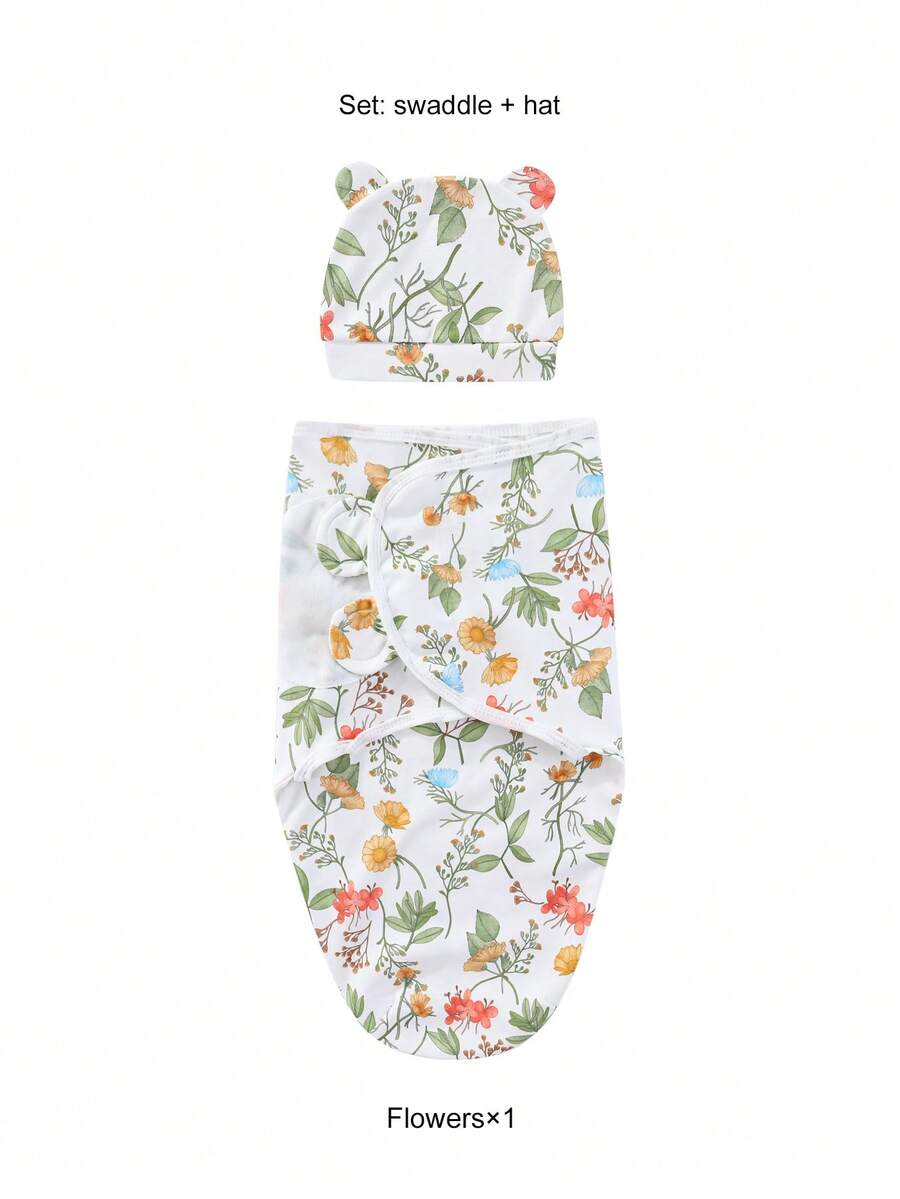 1 Set Newborn Swaddle Set Including Hat And Swaddle Blanket, Unisex