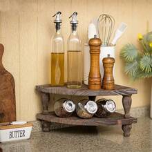 1 套乡村风格木制角落搁架单元、农舍风格展示架、厨房台面收纳架 - 棕色 - 查看 1