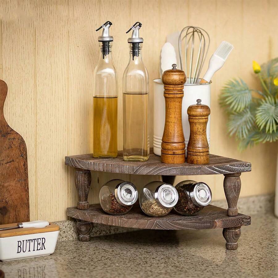 1 套乡村风格木制角落搁架单元、农舍风格展示架、厨房台面收纳架 - 棕色 - 查看 1