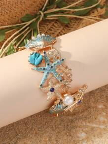 1 peça Nova Pulseira de Aro Feminina Resistente com Estilo Boêmio Vintage Inserções de Estrela do Mar e Concha Oceânica Decorada com Strass