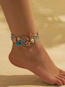 1 peça Nova Pulseira de Aro Feminina Resistente com Estilo Boêmio Vintage Inserções de Estrela do Mar e Concha Oceânica Decorada com Strass