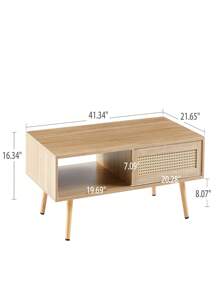 41.34" Farmhouse Coffee Table Featuring Sliding Door Rattan Coffee Table Center Sofa Table With Solid Wood Legs - 卡其色 - 查看 4
