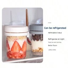 Taza de avena tipo bento para desayuno, atractiva taza con cuchara para desayuno, taza para yogurt, taza portátil para ensalada y batido, como regalo de Navidad o útiles escolares - Multicolor - Ver 5