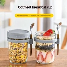 Taza de avena tipo bento para desayuno, atractiva taza con cuchara para desayuno, taza para yogurt, taza portátil para ensalada y batido, como regalo de Navidad o útiles escolares - Multicolor - Ver 4