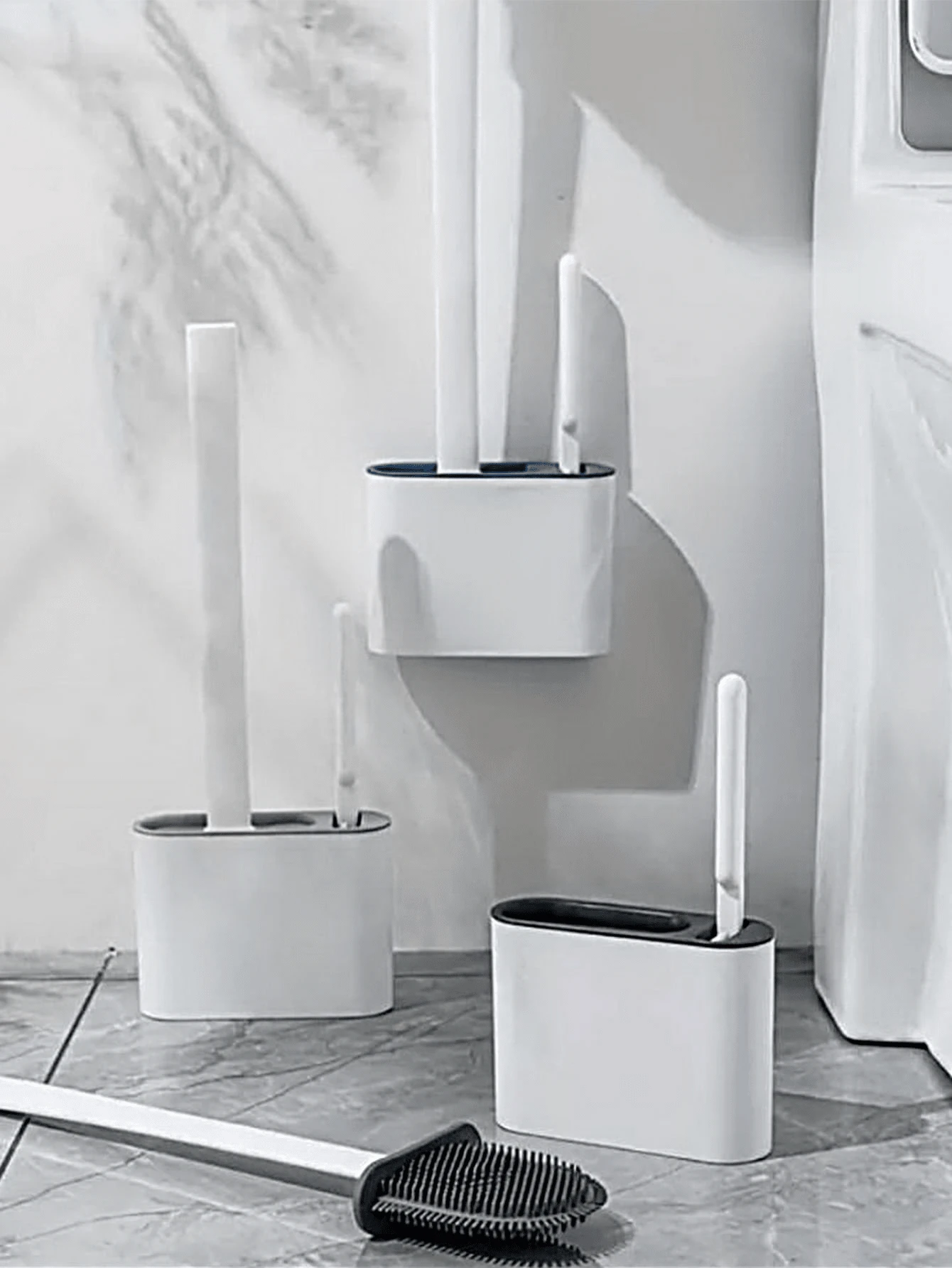 Grey Silicone Toilet Brush Set, With Double Brush Head, Wall Mountable For Household Bathroom, Gap Cleaning Brush For Toilet - Grey - View 1