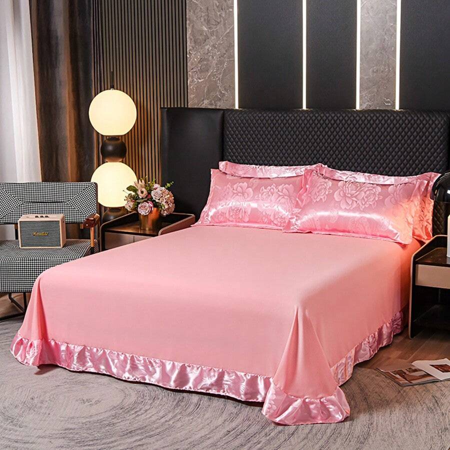 3入組床單一枚配兩個枕套，圓邊蕾絲襯邊床上用品套裝，單人床尺寸180*230cm，雙人床尺寸240*250cm，全季節通用，家庭使用 - 珊瑚橙 - 查看 1