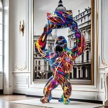 1入組塗鴉大猩猩裝飾雕像，樹脂繽紛墨水藝術動物猩猩工藝品，客廳桌面書架展示擺件。 - 彩色 - 查看 5