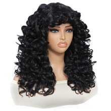 合成耐熱假髮，彈性捲度帶劈頭短髮黑色18英寸化學纖維短髮日常佩戴易於初學者操作的大彈性捲曲短髮