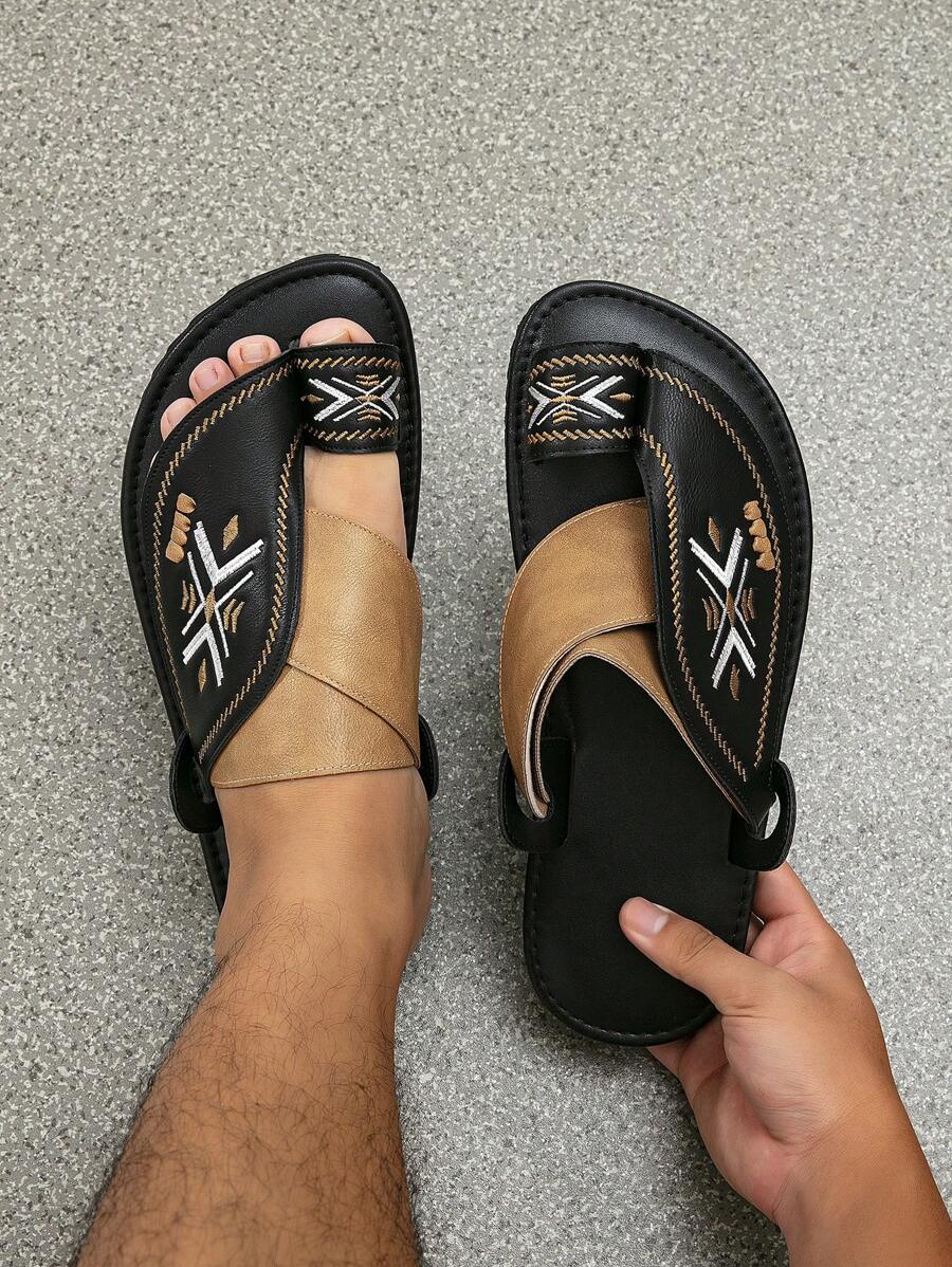 男士多色舒適平底涼鞋，阿拉伯風格拖鞋復古拖鞋 - 黑卡其色 - 查看 1