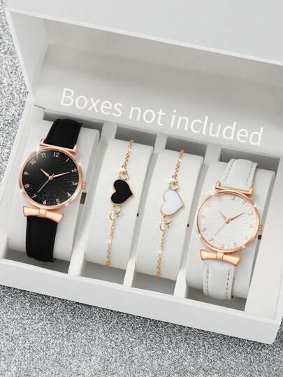Women's Fashionable Simple Digital Dial Quartz Wristwatch With Heart Bracelet (4pcs/Set) As A Gift For Students Returning To School
