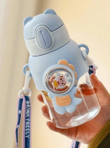 1入組卡通塑料水瓶，可愛吸管杯附帶帶子，600毫升/20.29盎司，適用於運動、健身、戶外旅行、返校用品