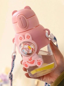 1入組卡通塑料水瓶，可愛吸管杯附帶帶子，600毫升/20.29盎司，適用於運動、健身、戶外旅行、返校用品