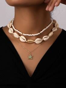 3 pièces Collier multirang à la mode avec chaîne au niveau de la clavicule, perles de riz, pendentifs de coquillages et d'étoiles de mer, casual et polyvalent - Or jaune - Voir 9
