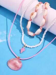 3pcs/Set Pink Starfish & Shell Pendant Beaded Necklace, Beach Vacation Style Women's Jewelry - Pink - View 3