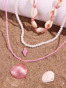 3pcs/Set Pink Starfish & Shell Pendant Beaded Necklace, Beach Vacation Style Women's Jewelry - Pink - View 1