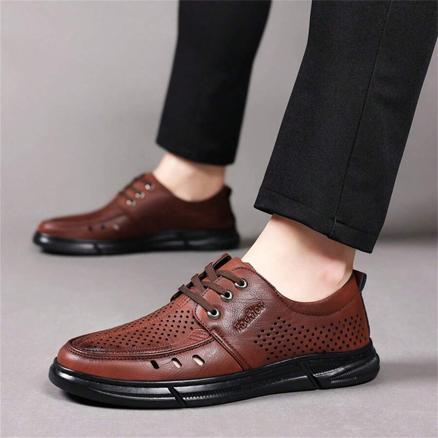 New Arrivals Low-Cut Formal Shoes, Fashionable Hollow-Out Lace-Up Pointed Leather Shoes, Cool Breathable Comfortable Non-Slip Casual Shoes, Suitable For Outdoor Hiking, Trekking, Beach & Versatile Wear - Brown - View 1