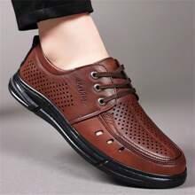 New Arrivals Low-Cut Formal Shoes, Fashionable Hollow-Out Lace-Up Pointed Leather Shoes, Cool Breathable Comfortable Non-Slip Casual Shoes, Suitable For Outdoor Hiking, Trekking, Beach & Versatile Wear - Brown - View 4
