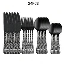 4/16/24PCS Black Cutlery Set, Serves For 1/4, Includes Spoons Forks And Knife, Stainless Steel Flatware For Home Kitchen, Gothic Design Silverware Perfect For Dark&Rock Lover,Mirror Polished, Dishwasher Friendly,Kitchen,Christmas Gift,School Supplies - Black - View 10