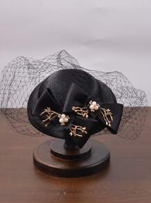 Pequeno chapéu feminino, chapéu preto elegante com véu de rede vintage estilo britânico, perfeito para ocasiões formais, como corridas de cavalos ou festa noturna, adequado para ensaio fotográfico de casamento de noivas. Disponível com laço preto, branco e rosa. - 1140 - Visão 7