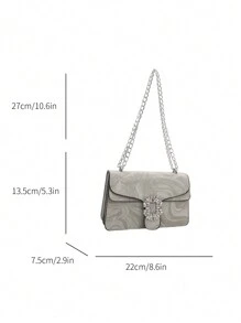 Bolsa de hombro de PU sólida de moda, combinable con todo, diseño casual y sencillo con correas de cadena y doble capa - Plateado - Ver 2