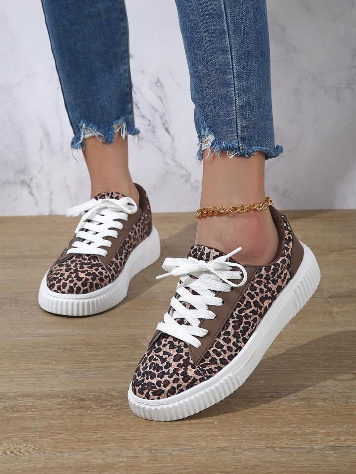 Fashionable Leopard Print Women s Casual Sneakers European And American Style Sports Shoes Lace Up Casual Athletic Shoes Slip Resistant Comfortable Skate Shoes Outdoor Walking Shoes Birthday Gift SHEI...