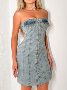 Women Denim Dresses - 中等水洗藍 - 查看 1