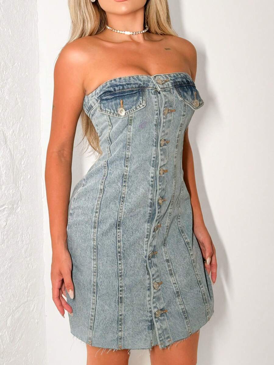 Women Denim Dresses - 中等水洗藍 - 查看 1