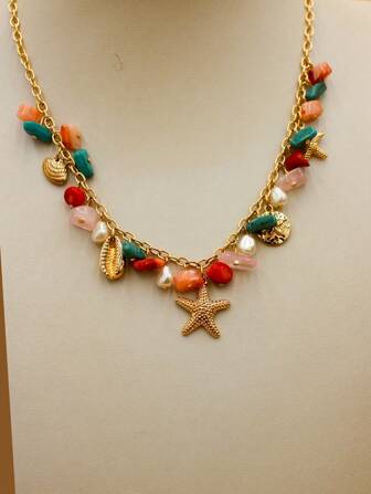 1pc Fashionable Ocean Theme Women Necklace, Acrylic Material With Random Dual Color