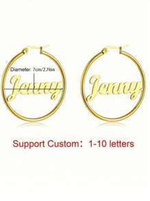 70mm Round Hoop Earrings With Customized Name Stainless Steel Gold Color Calligraphy Letter Handmade Exaggerated Personalized Jewelry - Gold - View 3