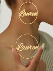 70mm Round Hoop Earrings With Customized Name Stainless Steel Gold Color Calligraphy Letter Handmade Exaggerated Personalized Jewelry - Gold - View 2