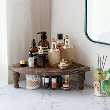 1 套乡村风格木制角落搁架单元、农舍风格展示架、厨房台面收纳架 - 棕色 - 查看 4