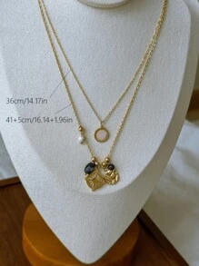 YUZENG 1入組雙層可疊式不鏽鋼歐美風自然石項鏈女性日常時尚配飾 - 金黃色 - 查看 7