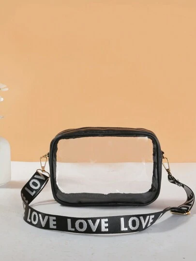 Women's Transparent Letter Strap Shoulder Bag, Fashionable Crossbody Camera Bag