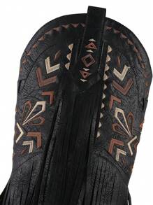 Fashion Fringe Cowboy Boots For Women Vintage Cowgirl Boots Snip Toe Chunky Heel Mid Calf Western Boots - Black - View 4