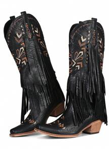 Fashion Fringe Cowboy Boots For Women Vintage Cowgirl Boots Snip Toe Chunky Heel Mid Calf Western Boots - Black - View 7
