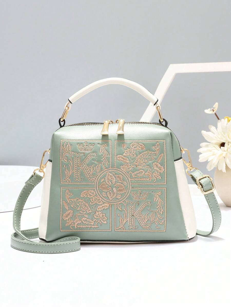 時尚花卉刺繡手提包，優雅女士托特包和工作手提包，時尚斜跨包作為女士禮物，經典肩包，時尚托特包與方格裝飾，適用於女性，專業新手和白領工人禮物 - 綠色 - 查看 1